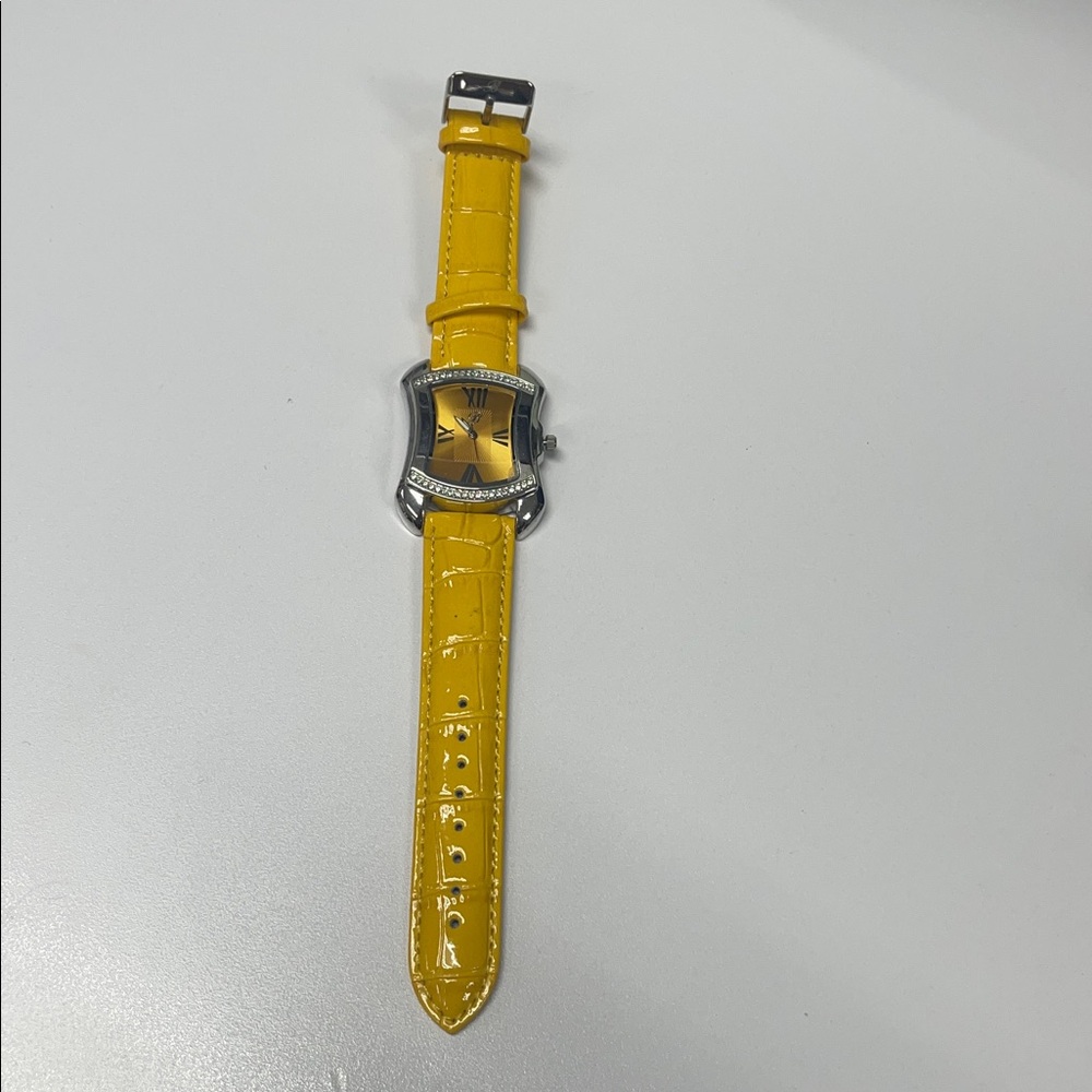 Burgi BTV011 Rhinestone SS Watch Yellow Crocodile-Embossed Leather Strap